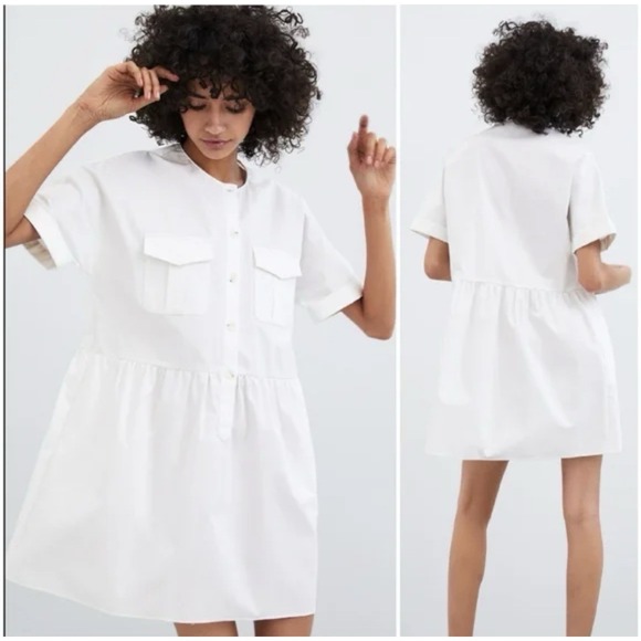 Zara Dresses & Skirts - Zara White Poplin Dress W' Front Pockets Minimalist 100% Cotton